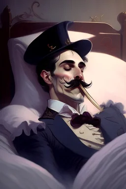 Strahd von Zarovich with a handlebar mustache wearing a top hat and t laying in bed and blowing a kiss