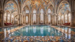 Superb symmetrical pictorial multicoloured mosaic floor, swimming pool, bathers, swimmers, water feature, walls with pictures of bathers and swimmers, symmetrical cathedral style high ceiling, relaxation, romance, luxury, dream world, calm beauty, perfect symmetry, fantasy world, magic, beautiful symmetrical composition, exquisite detail, 85mm lens, adjust perspective, chiaroscuro, night, darkness, dramatic lighting