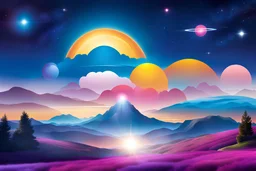 plateforme champigon, futur, paysage grandiose, cosmique, faisceau lumineux ambiance bleutée, mauve, rose, soleil