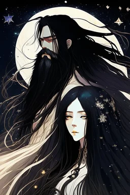 Celestial anime woman, long black hair, with bearded man
