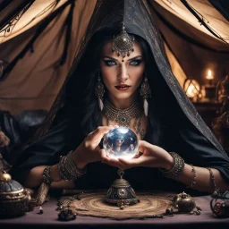 Hyper Realistic photographic-view of Wicked-&-Beautiful-Fortune-teller wearing black-beed-necklace-&-bracelet angrily Looking at her crystal-ball glowing magically & sitting in her tent decorated with fancy-traditional-ornaments-&-feathers showing dramatic & cinematic ambiance"