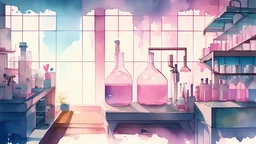 a watercolor painting of a chemical laboratory, perspective, and a gradient background in shades of pink or blue.