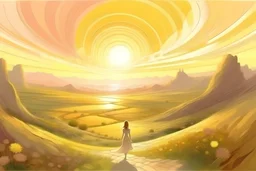 ((un paysage fantastique)) couleurs douces, le soleil en spirale inonde le paysage de ses rayons, un portrait de femme se dessine au loin, hauter résolution, hyoer réaliste, art réaliste