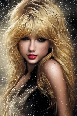 Combination of Taylor Swift and Dolly Parton, shin hanga surrounded by gold, gold coins rain down "Candy,luis royo, artgerm, Incredibly detailed, soft vibrant colors, Hyper-Realistic, Hyper-Detailed, dark aura, gold and black hue, supple, perfect face, perfect eyes, perfect proportions, gold background