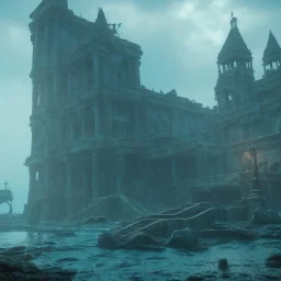 underwater, atlantis , futuristic, steps, and vaults. the city is abandoned and the water is murky and dark