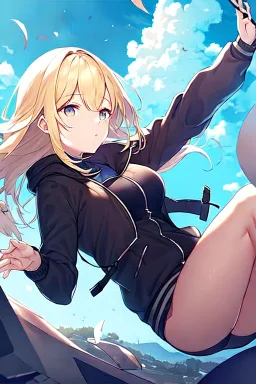 blonde girl falls with jacket fall from the sky, sky falling