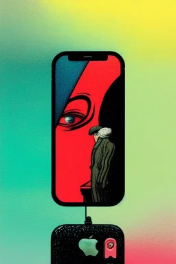 a vibrant ultraclear sideview waist up portrait of a iphone by rene magritte and laurie greasley, etching by gustave dore, colorful flat surreal, ethereal, intricate, sharp focus, illustration, highly detailed, digital painting, concept art, masterpiece