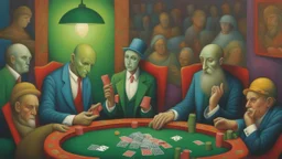 the rolling dice-headed poker player at the green table surreal by peter mitchev