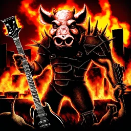 make a Album cover, death metal, and a big evil swine with guitar, the band name is Optimus Primus, burning factory in background