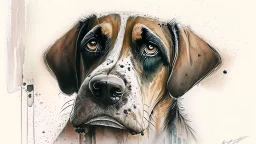 WATERCOLOR, DOG WITH SAD EYES, FINE DRAWING,