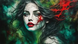 old worn torn, multi-layered cracked canvas, fine detailing with alcohol ink, Captivating realistic painting of a WOMAN, fair face, red lips, splashes of color, HORNS, FANGS, BLOODY TEARS, Multiple exposure, fluffiness, her face is illuminated, her hair merges with swirling fractal vines and tree roots, dark green foliage, symbolizing the unity of strength and wild nature. Flowing hair dissolves into intricate, endless patterns, as if they are protectors and part of the same organic force. Moon