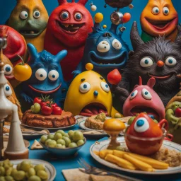 Close-up shot of ultra realistic odd monsters dining, vivid, ultra realistic, Joan Miró, hypermaximalist figures, light, Italian 1970's odd movie, plastic, hilarious, Minicavio Quollati style, photography by Marlost Endgulp, ornate, 4k, photorealism, impressionism, Yves Tanguy