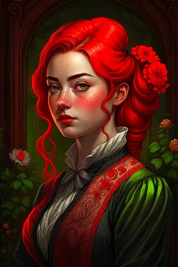 Somatou Style, European Features, Nanette Fluhr, Gustave courbet style , Lindsay Lohan red hair teenager, Digital art anime, the scene is depicted in a realistic style, Portrait, with a somber sort of elegance, Victorian-inspired illustrations, elegant lines and shading, Floral accents, Regal background, Dark fantasy art , Supernatural Mystery