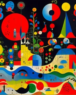 A rainbow kingdom with elements, tactics, and biology designed in Chinese paper art painted by Joan Miro