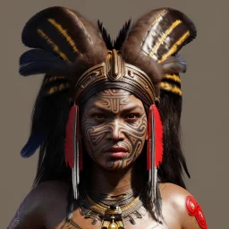 Maori woman, rounded face, blood, black, gold, brown, samurai helmet, decorative color feathers, retro, bamboo, leather, soft color, highly detailed, art stations, concept art, smooth, unreal engine 5, god rays, ray tracing, RTX, lumen lighting, ultra detail, volumetric lighting, 3d, finely drawn, high definition, high resolution.