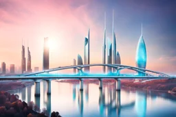 Dreamlike Skyline of Downtown futuristic hightech city in 4050 and a stunning futuristic Bridge During Sunlight with dark grey clouds in sky, over the azur-silver color river, cold colors, come storm, high detalied, sci-fi, landscape