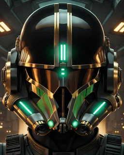 star wars bald male corellian pilot wearing black and bright gasoline green First Order special forces TIE pilot commando armored flightsuit and helmet with gold trim inside the jedi temple, centered head and shoulders portrait, hyperdetailed, dynamic lighting, hyperdetailed background, 8k resolution, volumetric lighting, light skin, fully symmetric details