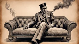 Hyper Realistic Amazingly-Detailed Sketch Of Quaid-E-Azam Sitting On A Fancy Couch * Smoking-Cigar-with-smoke & Detailed Shading On A Vintage Paper.