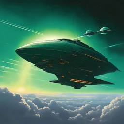 [art by Moebius] A dark green spaceship with two large engines on the sides is flying through clouds. It has a triangular shape and looks like it could be from Star Wars or Blade Runner. It's leaving behind a long trail of light as its engine fires off on one side. A planet can be seen far away above the ship. Photorealistic in the style of concept art.