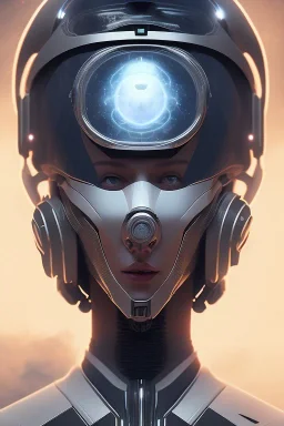 Black intergalactic pilot Quorra, portrait, bright white eyes, wearing high tech pilot helmet, beautiful face, white smoke, dark, rage, sorrow, high definition, ultra 8 k, volumetric lighting, blue fire, fog