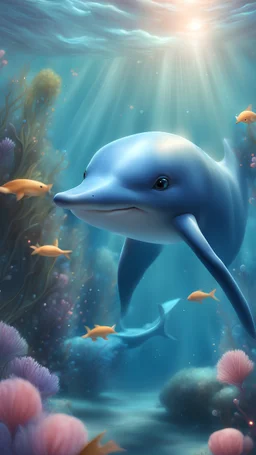 Kawaii, Cartoon, Cute Delphin, in the ocean, Caricature, Realism, Beautiful, Delicate Shades, Lights, Intricate, CGI, Botanical Art, Animal Art, Art Decoration, Realism, 4K , Detailed drawing, Depth of field, Digital painting, Computer graphics, Raw photo, HDR