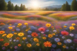 A field of wildflowers in full bloom, creating a kaleidoscope of colors under the bright sunlight. Ultra Realistic, National Geographic,