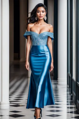 fullbody shot of young-beautiful-ozbek-with-a-perfect-face-with-make-up-wearing-blue-off-shoulder-top and midi plated skirt