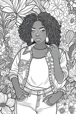 black curvy woman wearing jeans, eyes front camera coloring page floral background