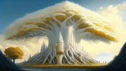 Valinor, tolkien, two giant trees, one giant golden tree, one giant silver tree, surrounded by a giant white castle.