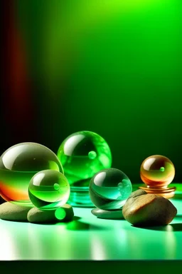 glass balls of different sizes balance on large and small stones of different colors, behind a light green background and a bright glow