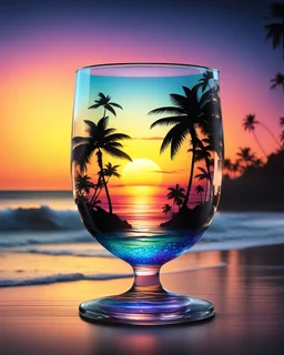 Stunning conceptual beach scene illustration in cocktail glass silhouette. Beach with vibrant colors, sunset sky and coast with palm trees. Cinematic black background, the glass looks like a window to a tropical paradise.12k 3D HD hyper-realistic Image quality CodeFormer AI 12K, cute flower fairy with bright wings like morning dew, flutters from flower to flower. Hair in curls,adorned with petals and pollen, mysterious phoenix woman,her silhouette made with interconnected and integrated elements