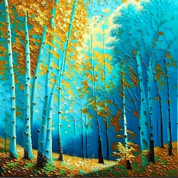 Bosque otoño árboles hojas verdes colores contrastantes hiperdetallado pintura al óleo renacentista obra de arte cielo azul crema claro