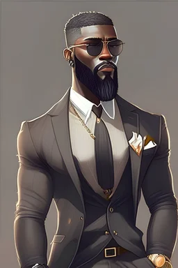 A man you may have in mind could be tall with a sturdy body structure and well-defined muscles, and he may have dark skin. He could have short hair and a thick beard, with sharp and attractive facial features. It's possible that he wears formal clothes and decorates them with accessories like watches and sunglasses