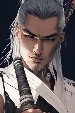 Male Cyberpunk samurai, long white hair, young, cyber katana, dark, goth, cyberninja