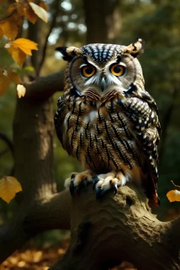 An owl sitting on a bunch of a oak tree