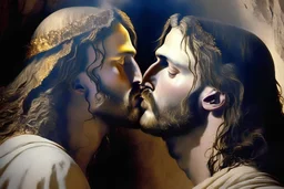 egy másik szakállas férfival jézus smárol and gloriás Jesus Christ flirtatiously kissing picture, rich in detail. They were loosely dressed. They are very much in love with Jesus On the edge of the abyss, where the eternal abyss is and everything is embraced around them by beings of light. There are also ape-men and big black shadows with hoods and stoles. 4K Blurred image of Jesus with a monkey head