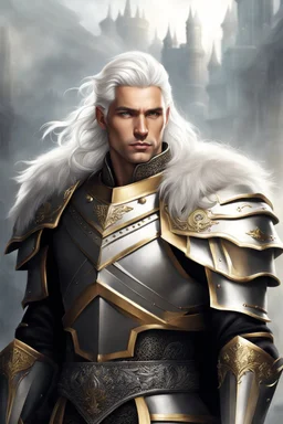 Male Tan Human, White Hair, Handsome Face, King Crown, Dark Heavy Armour, Black and Gold colour theme