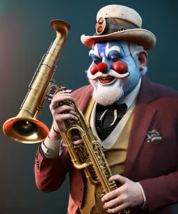 mechanoid old friendly fat clown with trimmed beard playing jazz with a steampunk theme, trumpet, realistic