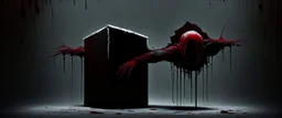 a faceless creature covered in blood holding up an empty black box