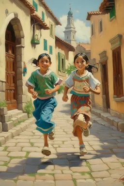 2 maxican childeren running traditional clothes painting neoclassism in a traditional mexican city