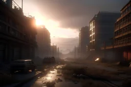 a streetview photo of a post-apocalyptic city, at dawn, cinematic, unreal engine, WLOP, trending on artstation, 4K UHD image, octane render,
