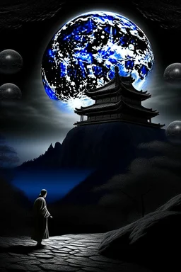 THE MOON HIDDEN SHADOWY FIGURESat the temple on the mountain meeting big brother STYLE OF HIROKU OGAI