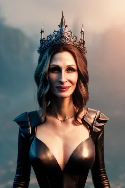 Julia Roberts as evil queen in black leather gown, evil, busty, cleavage, curvy, angry, happy, stern look. character design by cory loftis, fenghua zhong, ryohei hase, ismail inceoglu and ruan jia. unreal engine 5, artistic lighting, highly detailed, photorealistic, fantasy