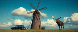 windmill scene from gorillaz music video, with car and moose