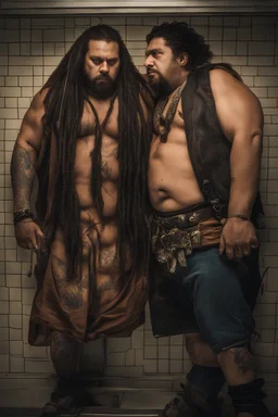 half figure shot photography of two ugly gypsies close, face to face, 34 years old with dreadlocks, overweight muscular chubby, tattoo, beard, bullneck, shirtless, manly chest, hairy torso , embraced, broken short pants,, angry eyes, in an elevator, top light, ambient occlusion, photorealistic, side view from the ground