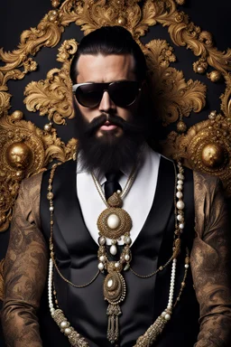 Artistic photo in the audacius style of Jill Greenberg, of man with a luxurious and striking style, abundance of jewelry, oversized sunglasses, neat black beard, feminine manirism, prints, desafiant, extravagant, barroque escene , impasto style with thick texture