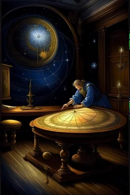 59. astrologer draws a star map, antique interior, baroque, night, moon is shining, planets