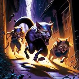 Cómic ot (Catman: 1.5) chases three humanoid rats that are running around in terror