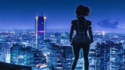 Clear Focus, High resolution, Beautiful girl standing backwards to a Cyberpunk skyline, comic style