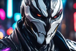 Jhin venom in 8k live action artstyle, white mask, wapen, close picture, neon lights, intricate details, highly detailed, high details, detailed portrait, masterpiece,ultra detailed, ultra quality